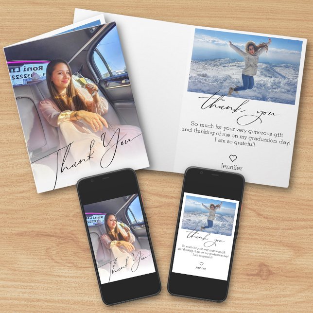 modern chic script thank you graduation 2 photos  card (Creator Uploaded)