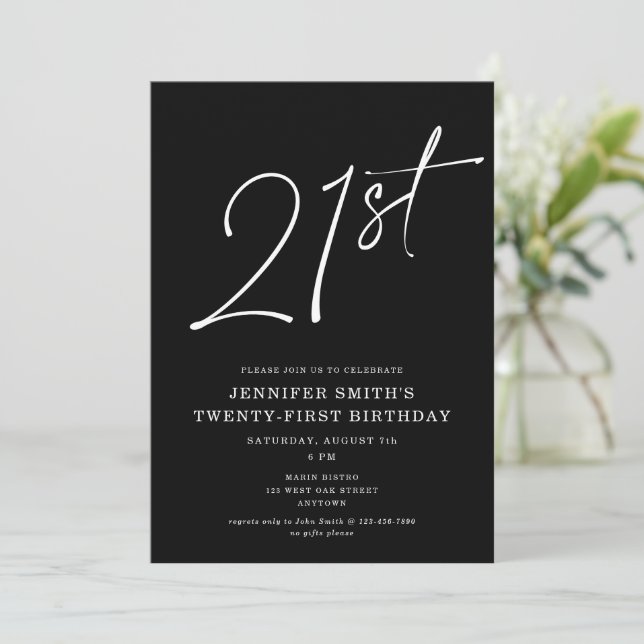 Modern Chic Script Twenty-One 21st Birthday Party Invitation (Standing Front)