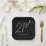 Modern Chic Script Twenty-One 21st Birthday Party Paper Plate<br><div class="desc">This modern 21st birthday party paper plate features a chic black background with white script and modern typography. The script says "21st". All of the colours (even the year script) are fully and easily customisable. You can even add a photo to the background... Just use "design tool" in the personalisation...</div>
