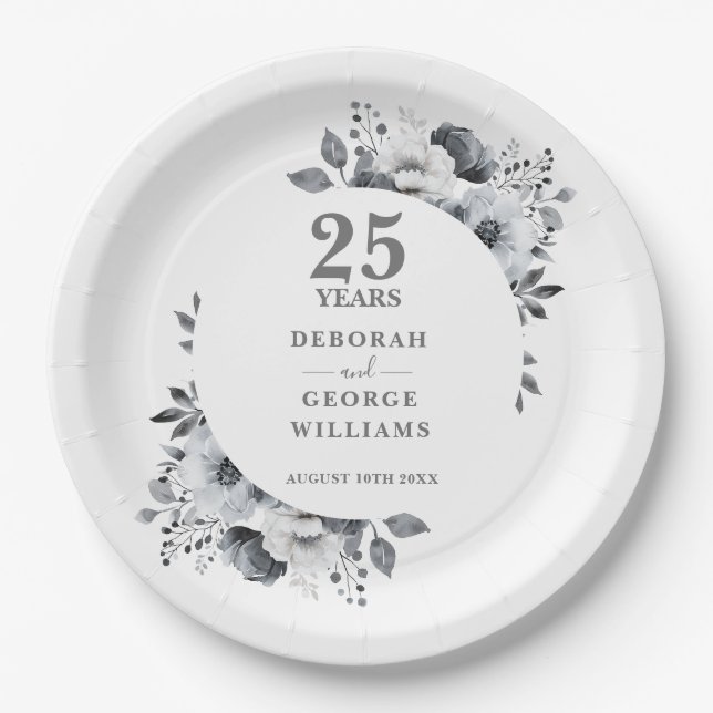 Modern Chic Silver 25th Wedding Anniversary Paper Plate (Front)