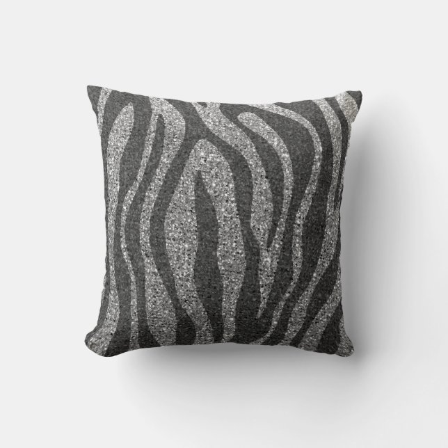 Modern Chic Silver and Black Glitter Animal Print Cushion (Front)
