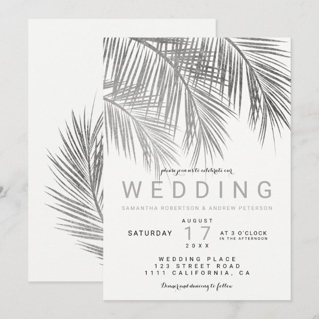 Modern chic silver palm tree elegant wedding invitation (Front/Back)