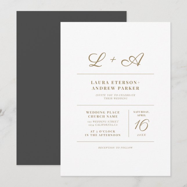 Modern chic simple minimalist gold initial wedding invitation (Front/Back)
