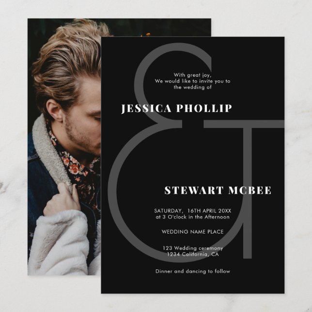 Modern Chic Simple Photo Black and White Wedding Invitation (Front/Back)
