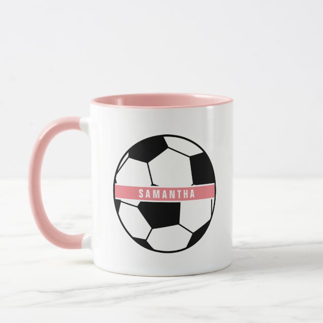 Modern Chic Soccer Ball Girly Pink Sports Monogram Mug (Left)