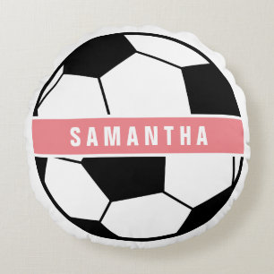 Modern Chic Soccer Ball Girly Pink Sports Monogram Round Cushion