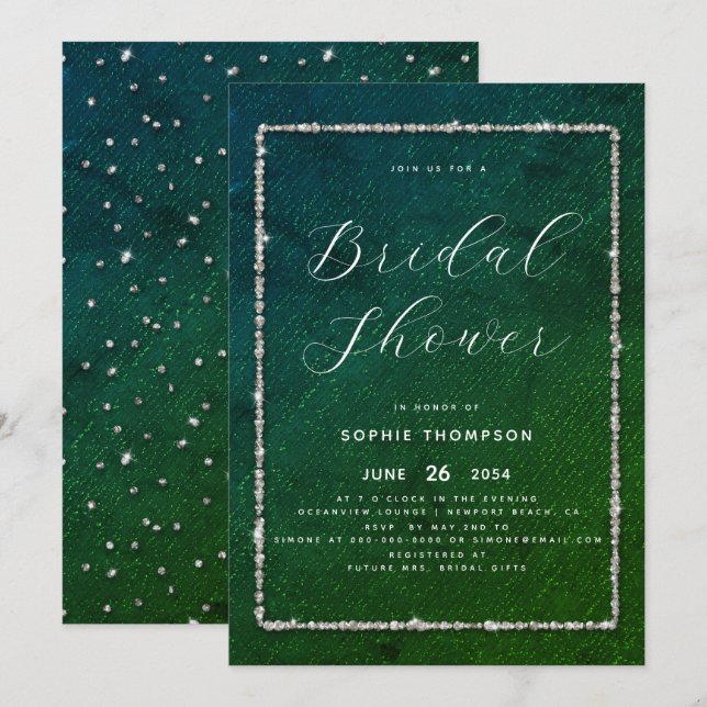 Modern Chic Sparkle Glitter Emerald Bridal Shower Invitation (Front/Back)