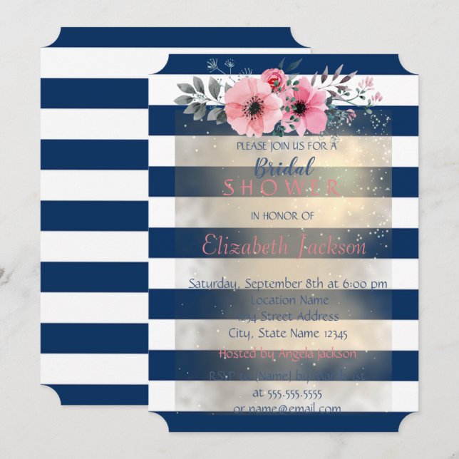 Modern Chic Striped Flowers Bridal Shower Invitation (Front/Back)