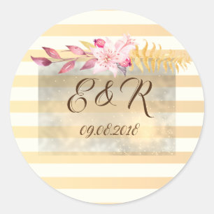 Modern Chic Striped Flowers Classic Round Sticker