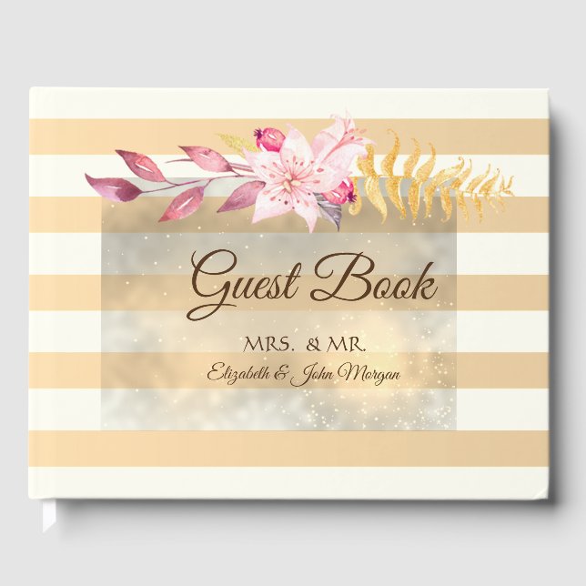 Modern Chic Striped Flowers  Wedding Guest Book (Front)
