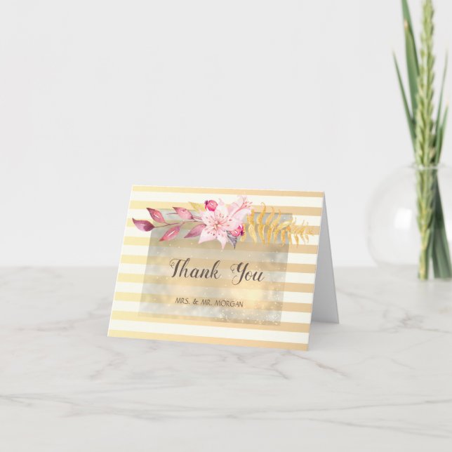 Modern Chic Striped Flowers Wedding Thank You Card (Front)