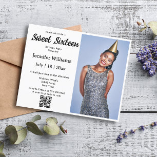 modern chic sweet sixteen qr code photo invitation