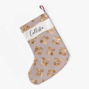 Modern Chic Taupe Gold Sequin Geometric Squares Small Christmas Stocking