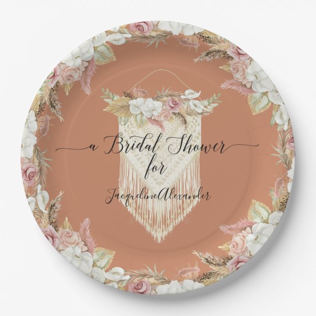 Modern Chic Terra Cotta Pink Floral Bridal Shower Paper Plate (Front)