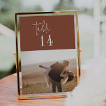 Modern Chic Terracotta 5x7" Photo Table Numbers<br><div class="desc">These modern chic terracotta 5x7" photo table numbers are perfect for a simple wedding. The desert boho design features rustic unique and stylish bohemian typography in an earthy burnt orange rust colour. The card prints on the front and back (double-sided). Personalise each card with a different engagement or travel theme...</div>
