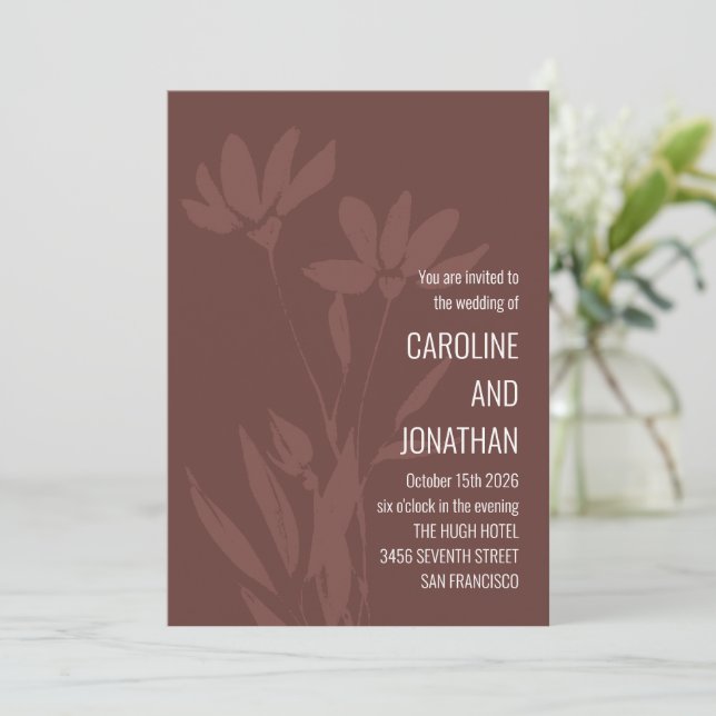 Modern Chic Terracotta Floral Line Art Wedding Invitation (Standing Front)