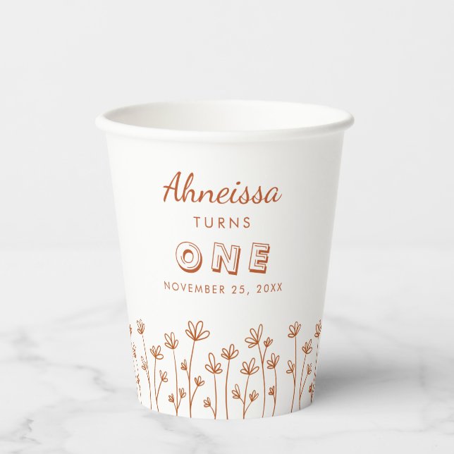 Modern Chic Terracotta Flowers First Birthday Paper Cups (Front)