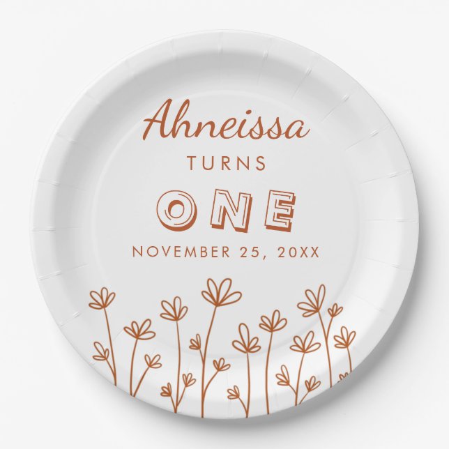Modern Chic Terracotta Flowers First Birthday Paper Plate (Front)