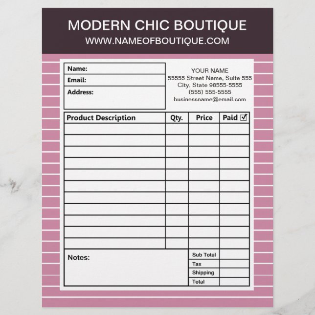 Modern Chic Thin Pink Stripes Boutique Order Forms Letterhead (Front)