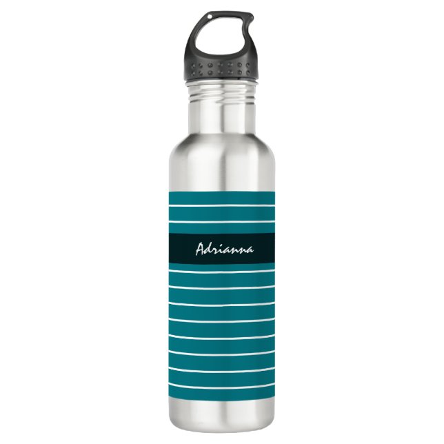 Modern Chic Thin Teal Stripes With Name 710 Ml Water Bottle (Front)