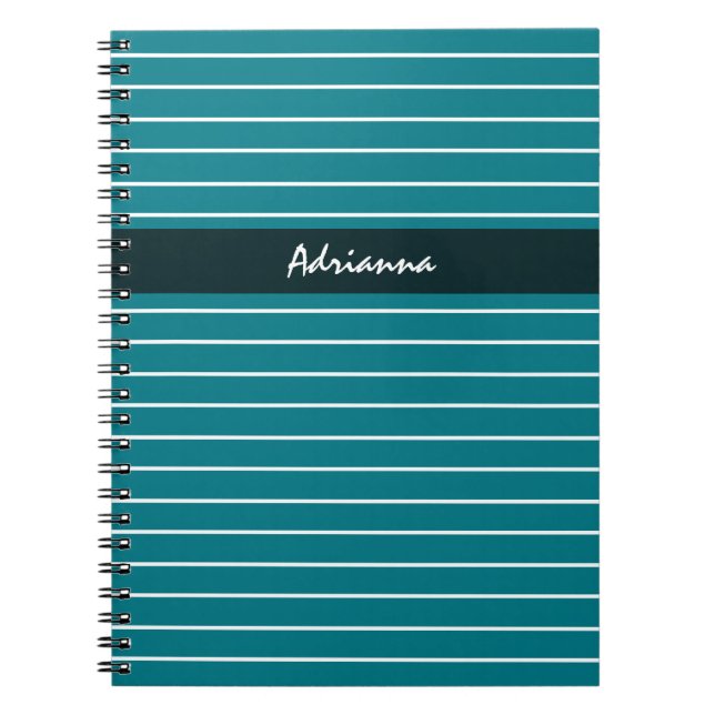 Modern Chic Thin Teal Stripes With Name Notebook (Front)