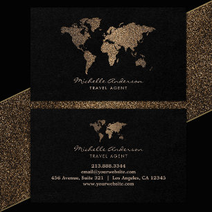 Modern Chic Travel Agent World Map Gold glitter Business Card