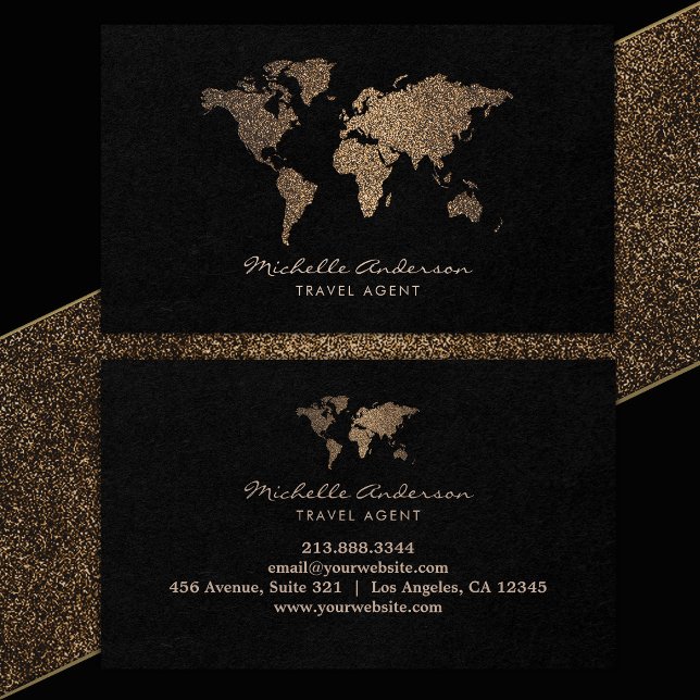 Modern Chic Travel Agent World Map Gold glitter  Business Card (Creator Uploaded)