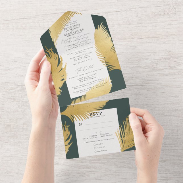 Modern Chic Tropical Gold Palm Dark Green Wedding All In One Invitation (Tearaway)