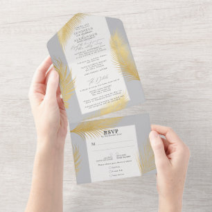Modern Chic Tropical Gold Palm Light Grey Wedding All In One Invitation