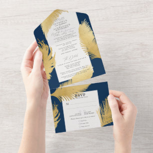 Modern Chic Tropical Gold Palm Navy Wedding All In One Invitation
