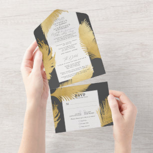 Modern Chic Tropical Gold Palm Wedding All In One Invitation