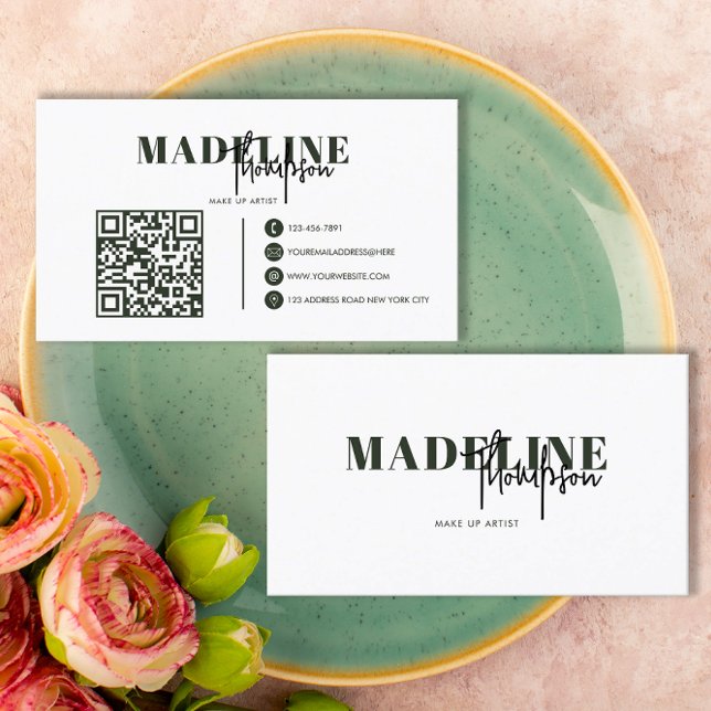 Modern Chic Typography Script Dark Green QR Code Business Card (Creator Uploaded)