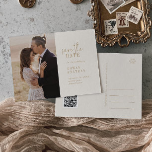 Modern Chic Vintage Gold QR Code Save the Date Invitation Postcard