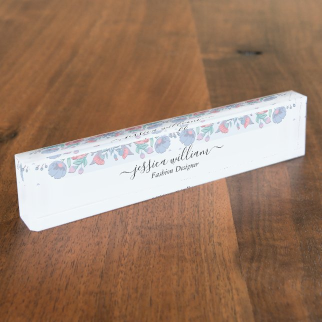 Modern Chic Watercolor Blue Hydrangeas Floral  Nameplate (Side)