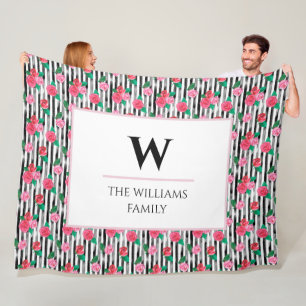 Modern Chic Watercolor Floral Pink Roses Monogram Fleece Blanket