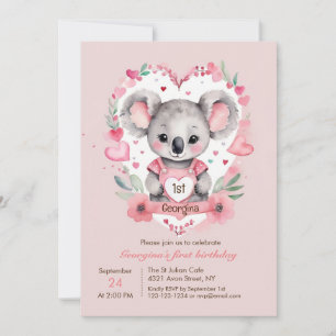 Modern Chic Watercolor Koala Pink Birthday Invitation