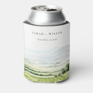 Modern Chic Watercolor Vineyard Landscape Wedding Can Cooler