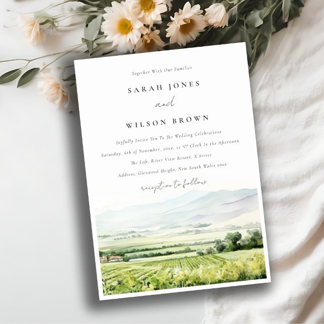 Modern Chic Watercolor Vineyard Landscape Wedding Invitation (Creator Uploaded)