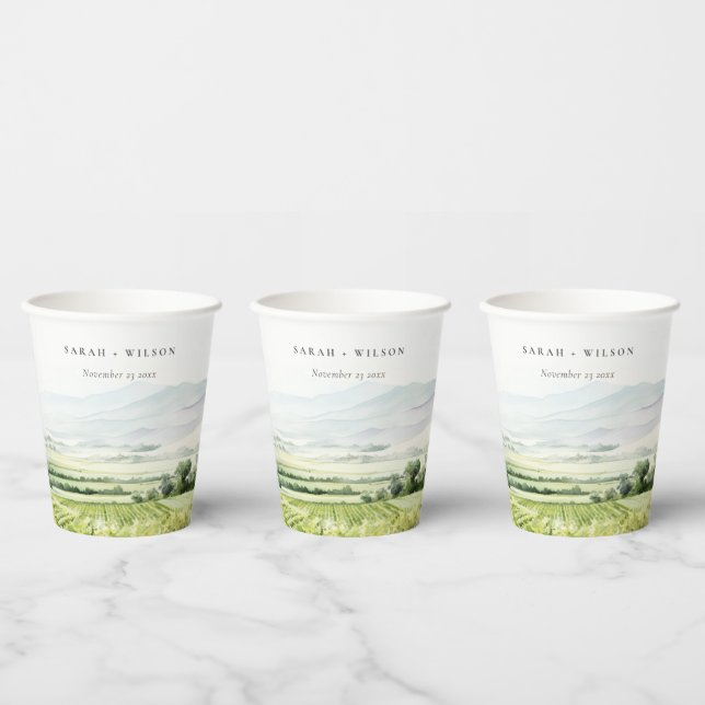 Modern Chic Watercolor Vineyard Landscape Wedding Paper Cups (Multi)