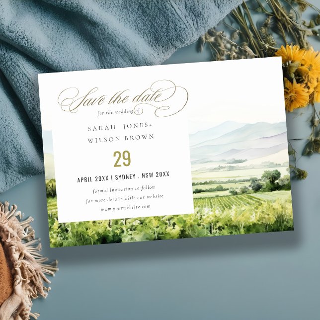 Modern Chic Watercolor Vineyard Landscape Wedding Save The Date (Creator Uploaded)