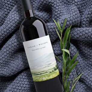 Modern Chic Watercolor Vineyard Landscape Wedding Wine Label