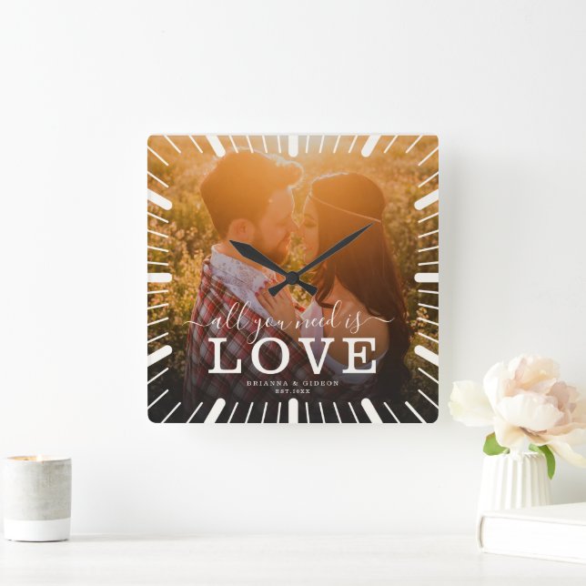 Modern Chic Wedding All you need is Love Photo Square Wall Clock (Home)