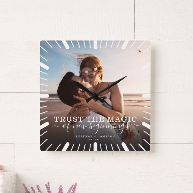 Modern Chic Wedding Keepsake Trust Magic Photo Square Wall Clock (Creator Uploaded)