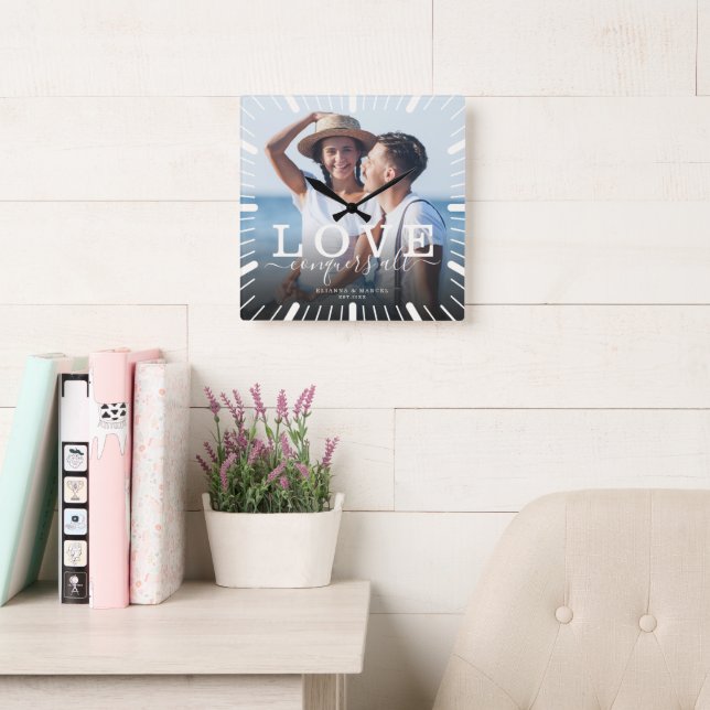 Modern Chic Wedding Love Quote Photo Valentines Square Wall Clock (Reading Room)