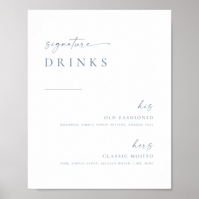 Modern Chic Wedding Signature Drinks Sign | Blue (Front)