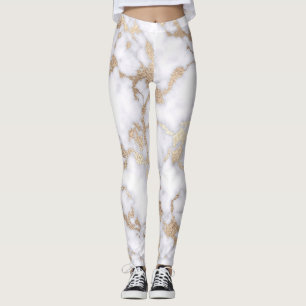 Modern Chic White Gold Foil Marble Pattern Leggings