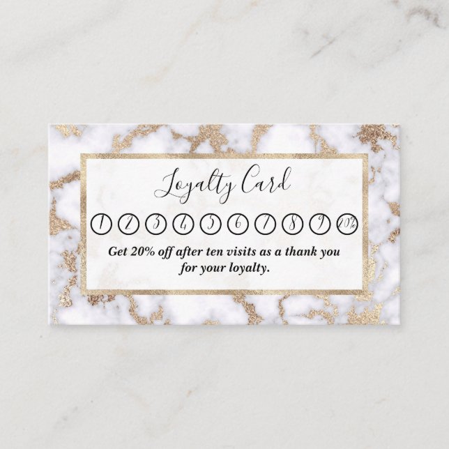 Modern Chic White Gold Foil Marble Pattern Loyalty Card (Front)