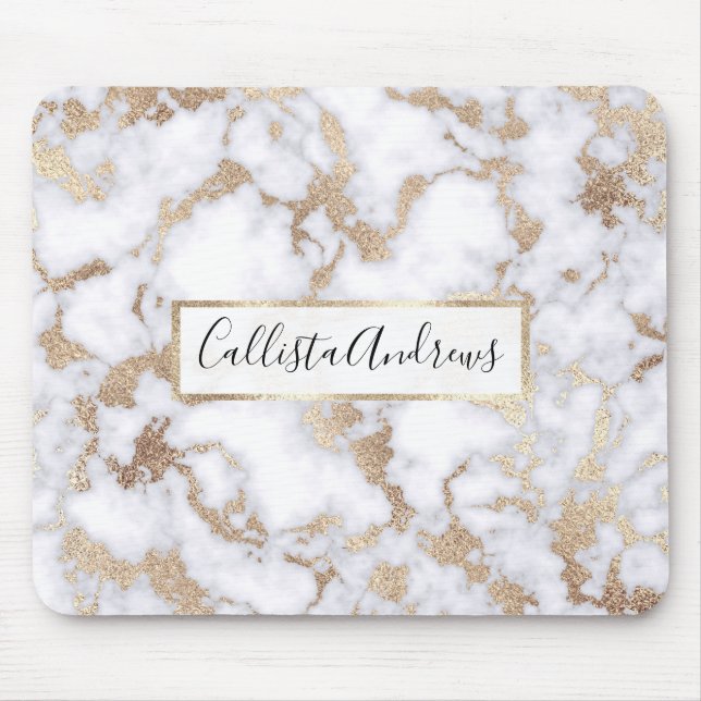 Modern Chic White Gold Foil Marble Pattern Mouse Mat (Front)