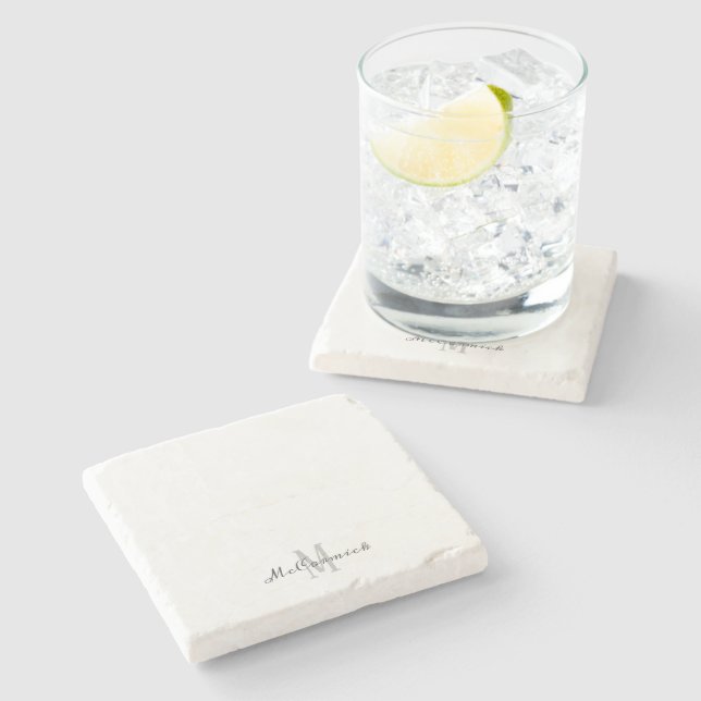 Modern Chic White Grey Script Monogram Stone Coaster (Side)