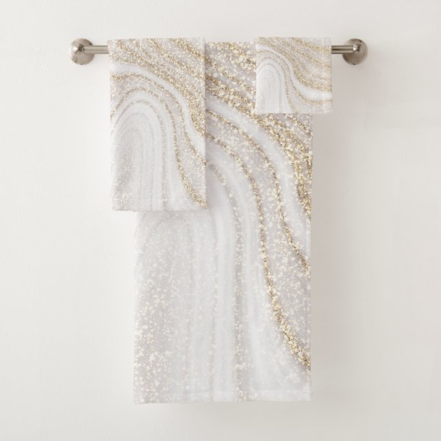 Modern chic white marble faux gold glitter bath towel set (Insitu)